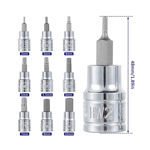 3/8 Inch Heavy Duty Hex Bit Socket Set With Star Shaped Allen Keys For Impact Drills Sturdy Metric Tools Kit to Crush Rusted Bolts Easy, 2-10mm sockets