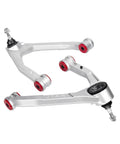 Beefed-Up Forged Upper Control Arm For Silverado Sierra 1500 2007-2018 2-Piece 2-4 Inch Adjustable Front Aluminum Control Arm With Greasable Ball Joint One-Piece Aftermarket UCA For Chevy GMC Trucks shown with red bushings