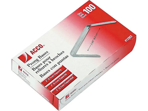 Box of 2 Inch Capacity Prong Fastener Bases With 2-3/4 Inch Center Spacing, 100 Bases Per Box, Bright Tin Coat Finish