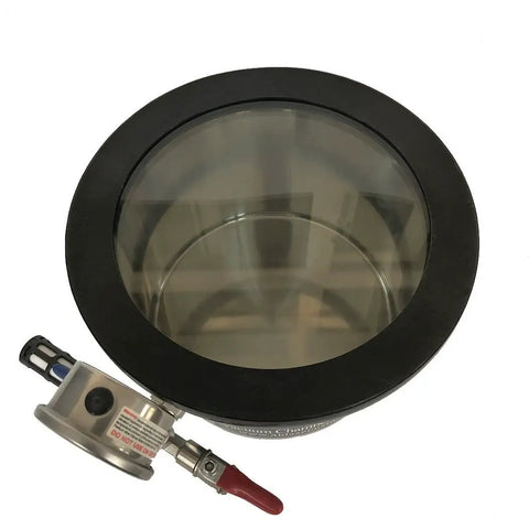 No Fuss 1.5 Gallon Vacuum Chamber Pressure Pot With Tempered Glass Lid and Rugged Steel Body top view showing valve and lid.