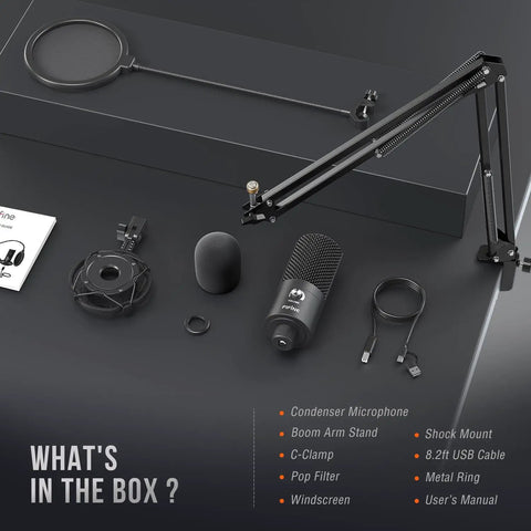 Plug And Play USB Condenser Microphone Kit With Adjustable Boom Arm Stand And Shock Mount components unboxed on display