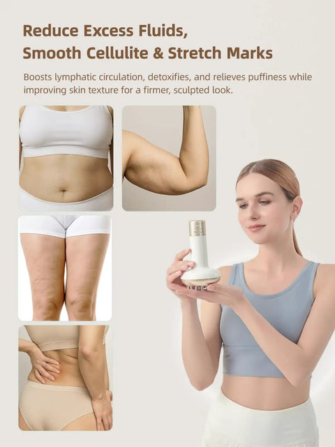 Woman holding a Home Spa Lymphatic Drainage Massager With Microcurrent Light Heat And Vibration For Legs Arms And Belly Anti Cellulite Tool