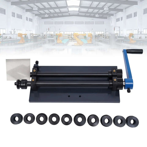 Roller Kit For Metal Sheets Tubing And Pipe With 12 Inch Gear Drive Bench Beader And 6 Dies Set displayed in workshop