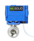 Front view of Motorized 1/2 Inch Ball Valve With Full Port 304 Stainless Steel, NSF Certified Drinking Water Safe, NPT Threads, 9 To 24V AC DC.