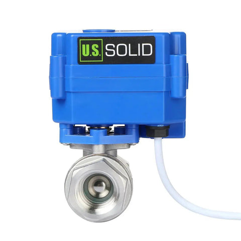 Front view of Motorized 1/2 Inch Ball Valve With Full Port 304 Stainless Steel, NSF Certified Drinking Water Safe, NPT Threads, 9 To 24V AC DC.