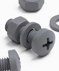 Top Shelf M6 X 20 Millimeter Polypropylene Cross Pan Head Bolts Kit with corrosion resistant nuts and washers in dark gray.