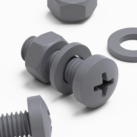 Top Shelf M6 X 20 Millimeter Polypropylene Cross Pan Head Bolts Kit with corrosion resistant nuts and washers in dark gray.