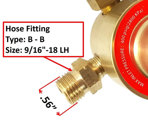 Oxygen And Acetylene Gas Gear Regulator Gauges Set For Welding, Rear Entry LDB Series detail showing 9/16" hose size