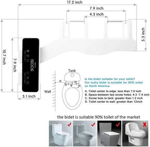 Dimensions and compatibility guide for Ultra Slim Self Cleaning Dual Nozzle Bidet Attachment For Toilet With Clear Front And Rear Spray