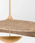 Close-up of Totally Main Character Energy One Light Pendant Ceiling Light Fifty Two Inches Wide Vintage Gold Leaf Metal Dome Shade.