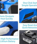 Cordless Electric Hydraulic Cable Cutter With Digital Display showcasing features like one-click start, vents, and dual 18V battery.