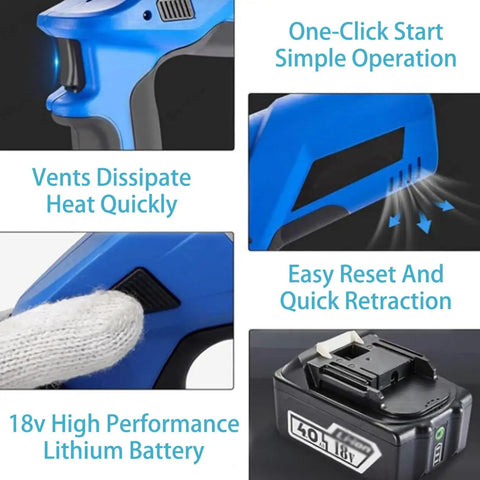 Cordless Electric Hydraulic Cable Cutter With Digital Display showcasing features like one-click start, vents, and dual 18V battery.
