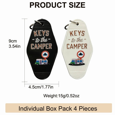 Four Piece Vintage Keychain Set For Camper RVs Retro Black And White Fobs Lightweight Durable Plastic Key Tags For The Fam Organization And Everyday Use showing product size and weight details.