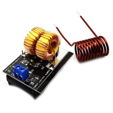 Two Pack Mini Low Voltage ZVS Induction Heater Kit with 5V to 12V DC input showing circuit board and coil for DIY metal heating