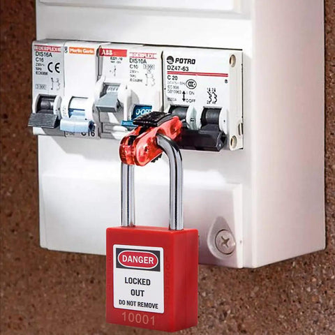 Lockout Tagout Lock Box Kit With Ten Loto Locks showing a red lock on electrical panel for OSHA compliance on work sites.