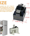 2-Pack PTC Refrigerator Starter Relay Kit With Overload Protectors 6750C-0005P shown with size dimensions and fridge example