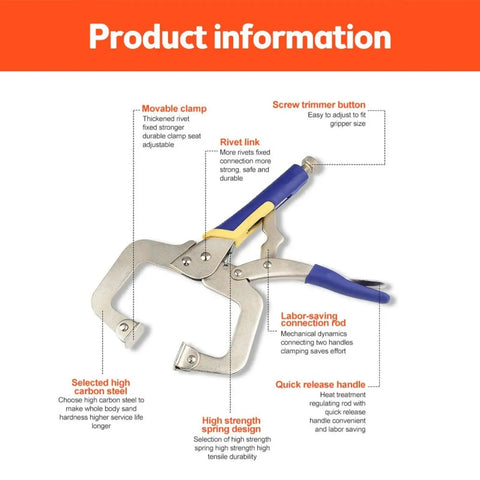 Infographic of Industrial Grade C Type Lock Clamp Combination Set With Rotating Pad For 6 To 18 Inch Coverage with labeled features.