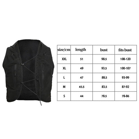 Black Hydration Vest For Hiking And Trail Running With 2L Bladder Lightweight Nylon TPU Water Pack size chart on the side