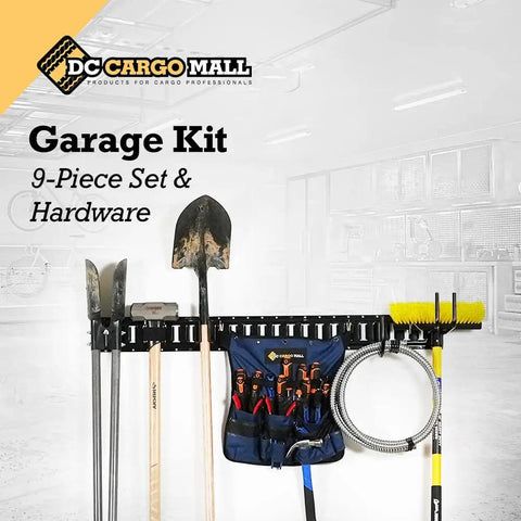 Slick Seven Piece Garage Storage Kit With Four Foot Steel Rail Two J Hooks Bungee Tie Down Strap And Hanging Pocket Tool Organizer For A Hella Sturdy Home Workshop Setup That Really Knocks Out The Clutter