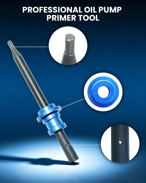 Premium Oil Pump Primer Tool For Gm Chevy Small And Big Block V6 V8 Drill Engaged Engine break-in adapter showing black metal body and blue accents.