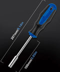 Magnetic 31-Piece Quarter Inch Bit Driver Set with nut driver, black and blue handle, dimensions shown in millimeters and inches