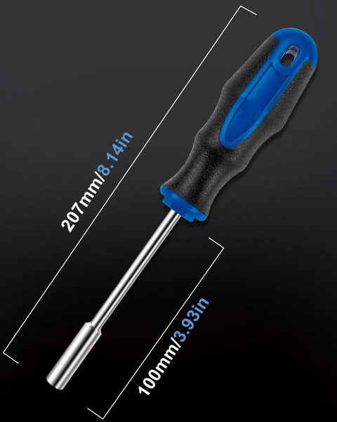 Magnetic 31-Piece Quarter Inch Bit Driver Set with nut driver, black and blue handle, dimensions shown in millimeters and inches