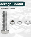 Rock Solid GIYI 304 Stainless Steel M12 Hex Bolt Set With Nuts Washers For Rust Proof Home Garage Repair And Industrial Heavy Duty Fastening Needs, includes 10pcs M12*150mm.