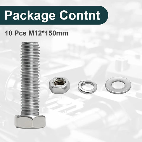 Rock Solid GIYI 304 Stainless Steel M12 Hex Bolt Set With Nuts Washers For Rust Proof Home Garage Repair And Industrial Heavy Duty Fastening Needs, includes 10pcs M12*150mm.