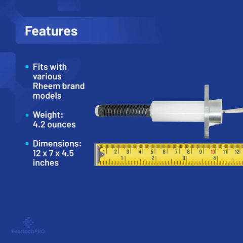 Hot Surface Igniter SP12143 That Works With Rheem Voyager 0206FF003 next to ruler showing dimensions and features description