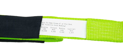 4 Pack 2 Inch By 96 Inch Car Tie Down Straps for Trailers with Flat Hooks, 3333 Lb WLL, high visibility green polyester