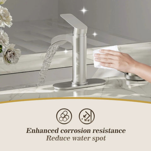 Brushed Nickel Single Handle Waterfall Bathroom Faucet With 6 Inch Deck Plate Metal Pop Up Drain And cUPC Water Supply Lines