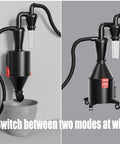 Two In One Dust Cyclone Vacuum Cleaner With Wall Mount Or Castor Wheels showing bucket attachment and mobility options.
