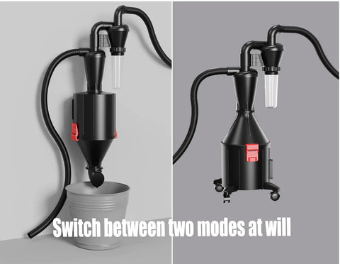 Two In One Dust Cyclone Vacuum Cleaner With Wall Mount Or Castor Wheels showing bucket attachment and mobility options.
