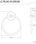 Technical drawing of Classic Towel Ring In Brushed Brass Built Tough Brass Construction, dimensions 6-1/16 inch ring, wall mounted