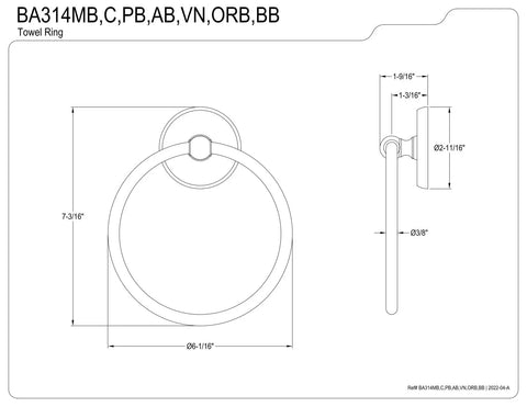Technical drawing of Classic Towel Ring In Brushed Brass Built Tough Brass Construction, dimensions 6-1/16 inch ring, wall mounted