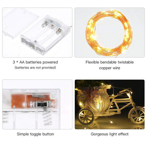 1 Pack Battery Powered Copper Wire Starry Fairy Lights With 50 LEDs And 16ft Of Warm White Glow, details of battery box and lights