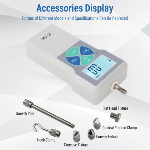 SF 500 500N Digital Force Tester Push And Pull Dynamometer With 100 240V Power High Precision Sensor Fast Readouts And Long Battery Life Ideal Workhorse For Lab And Shop Testing. accessories display with interchangeable probes