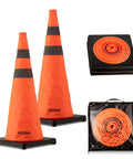 2 Pack 28 Inch Orange Collapsible Traffic Cones With Quick Pull Setup And Slick Fold Flat Storage for easy storage and transport.