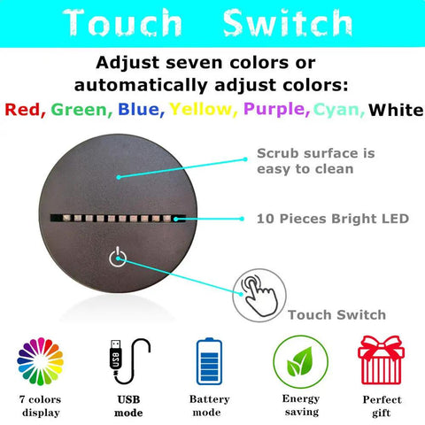 Touch switch details for Cat Night Light 3D Illusion Lamp With Seven Color Auto Change And Touch Control Bedside Table Lamp.