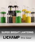 4 Pack Led Camping Lanterns And Collapsible Flameless Tea Lights in various colors displayed on wooden stand