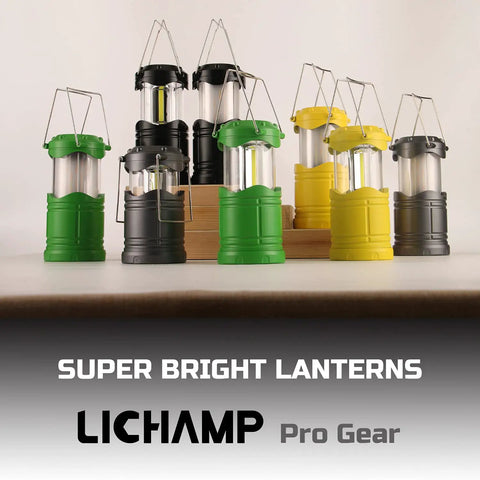 4 Pack Led Camping Lanterns And Collapsible Flameless Tea Lights in various colors displayed on wooden stand