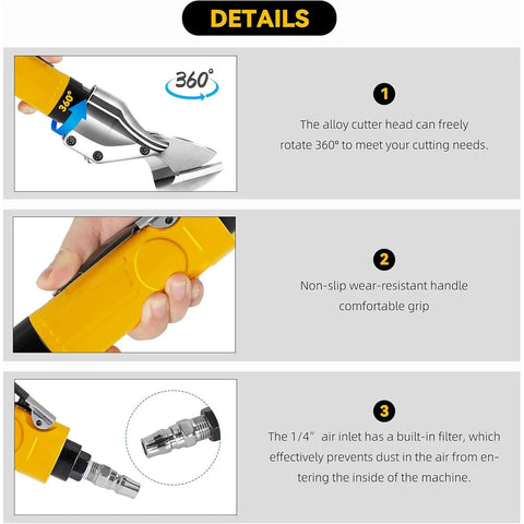 Pneumatic Metal Cutting Shear For Heavy Duty Fast And Precise Cuts showing alloy cutter head with 360-degree rotation.