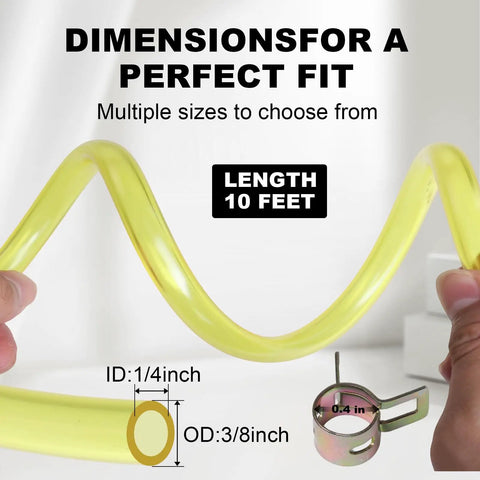 10 Ft Fuel Line Hose Kit With One Quarter Inch ID And Three Eighth Inch OD Includes 12 Hose Clamps displayed with measurements