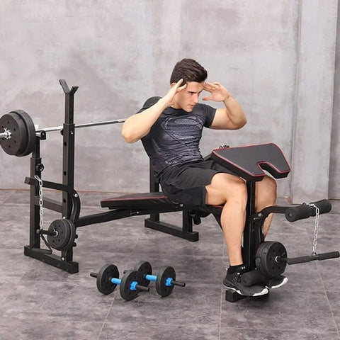 Man using Home Gym Dumbbell Bench Station With Versatile Press Bench, Barbell Rack, And Squat Stand for core workouts in home.