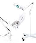 10X Magnifying Floor Lamp With 4 Wheel Rollable Base, 2200 Lumens LED Lighted Glass Lens, Adjustable Stand And Swivel Arm, White