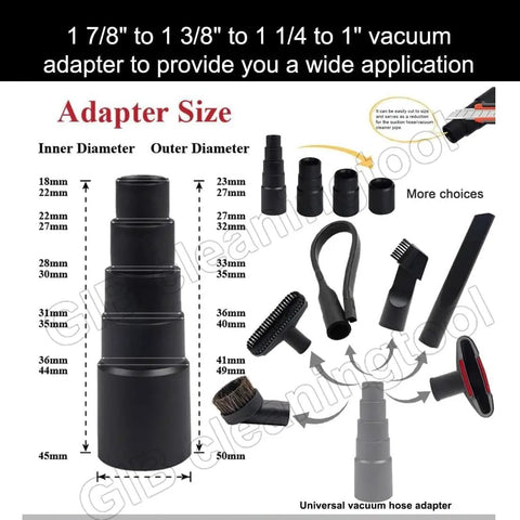 Diagram of 9 Piece Vacuum Attachment Set For Shop Vac With Two And A Half Inch To One And A Quarter Inch Adapter and tools