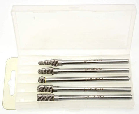 5pc Extra Long Shank Carbide Rotary Burr Set Double Cut One Quarter Inch Shank Die Grinder Bits in plastic case