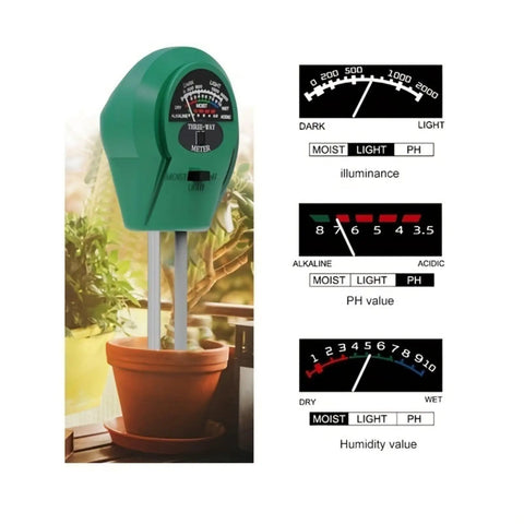Three In One Soil Test Kit with Moisture Meter pH Meter and Fertility Tester in garden setting showing digital readouts