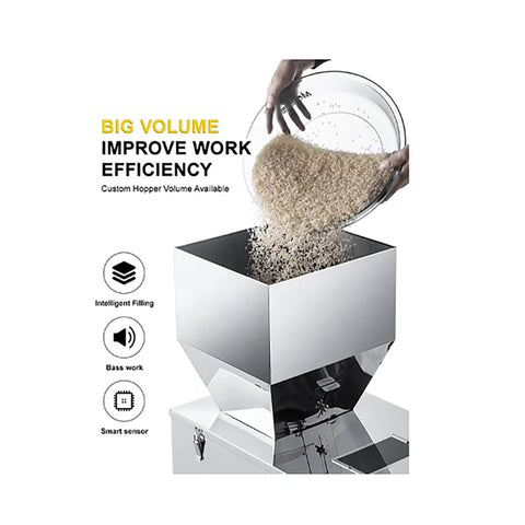 Straight Up Automatic Powder Filler Machine With Digital Display Quick Vibration Tech And Detachable Hopper For Zero Stress Flour And Grain Packing top view with rice being poured into hopper.