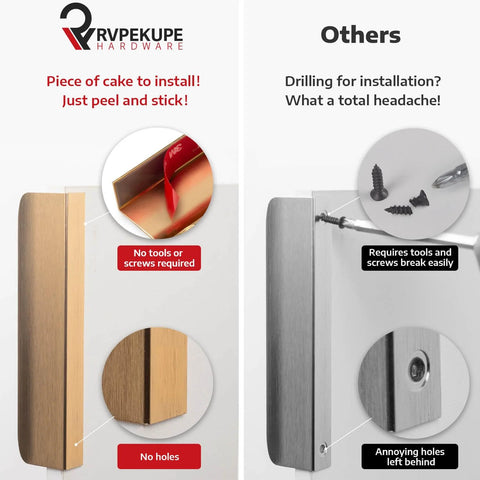 Comparison of Five Pack Adhesive Edge Pulls No Drill Hidden Drawer Handles and traditional screw handles